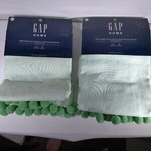 2 Pairs Of GAP Home Organic Cotton Window Curtain Pom Poms  48”X84" SAGE